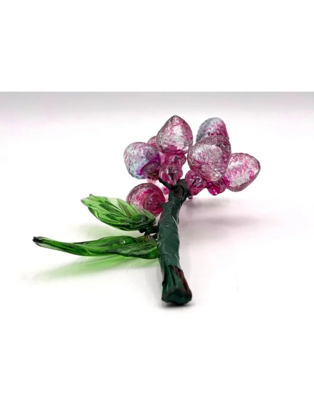 Vintage Handblown Glass Grape Cluster With Green Leaves Pink & Clear Decorative